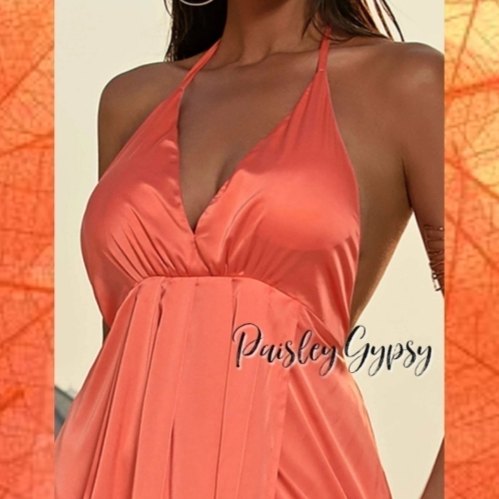 High Fashion Glamorous Spaghetti Strap A Line Formal Gown in Coral Orange - Picture 3 of 9